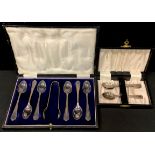 A set of five silver spoons, Sheffield 1904; a set of six EPNS teaspoons and sugar bows (2)