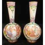 A pair of light pink milk glass bottle vases, printed with classical figures, painted with