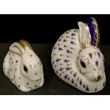 A Royal Crown Derby paperweight, Rabbit, gold stopper; another, Bunny, gold stopper (2)
