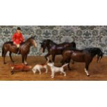 Beswick hunting group, comprising Huntsman, two Hounds and a Fox; two Beswick Horses in brown