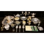 Plated Ware - a Walker & Hall three piece tea service; a five piece tea service; candelabrum;