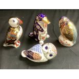 A Royal Crown Derby paperweight, Duckbilled Platypus, silver stopper; others, Owl, Kingfisher and