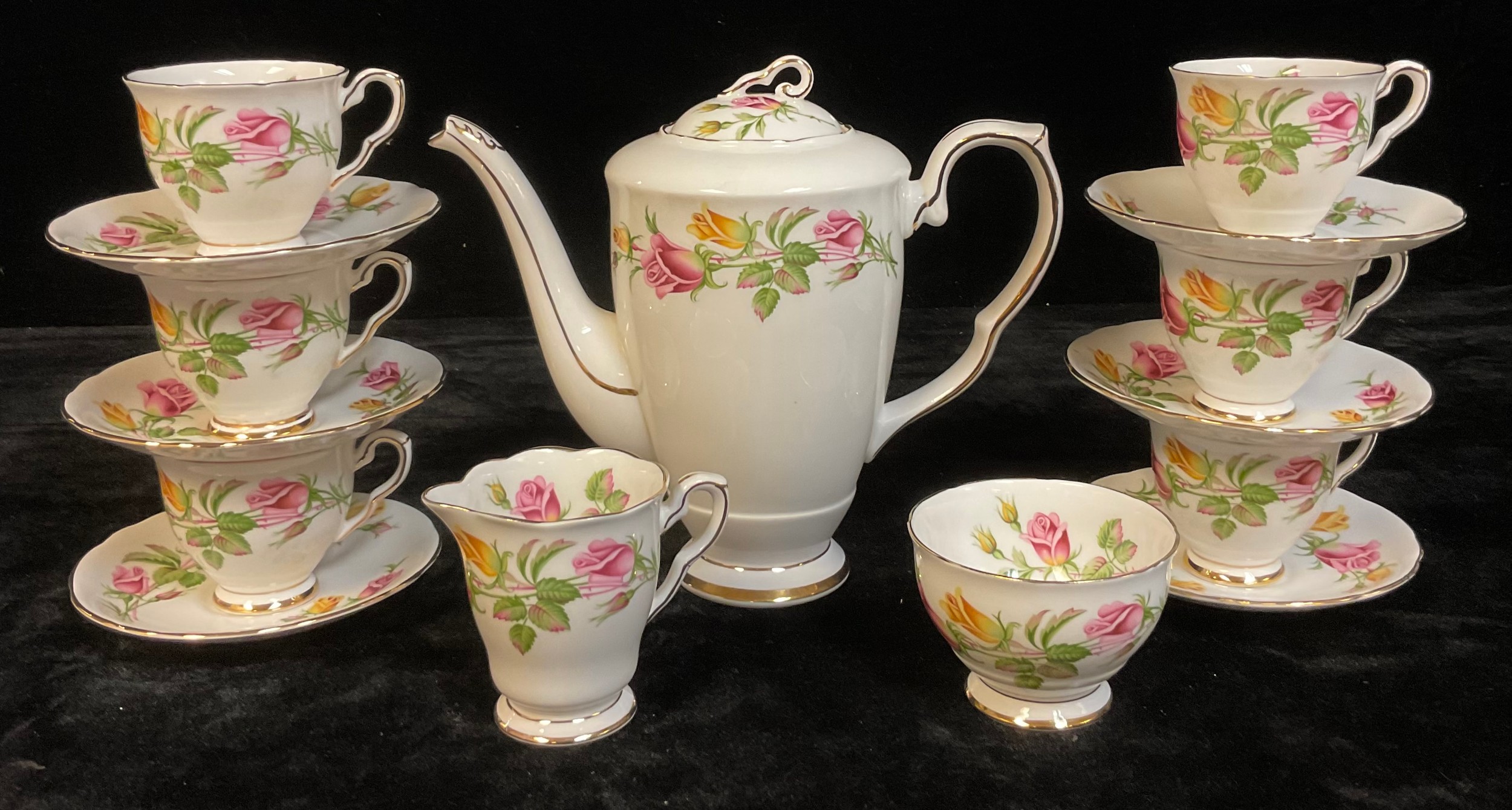 A Royal Staffordshire Tea Rose pattern coffee set for six comprising coffee pot, cream jug, sugar