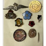 An RAF Sweetheart brooch; another, Navy; various enamel pin badges, etc (9)