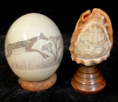 A conch shell carved with a Three Graces cameo, mounted on a conical stepped mahogany base, 17.