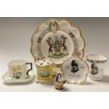 A Royal Crown Derby William Duesbury commemorative beaker and five petal dish; a Caverswall shaped