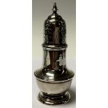 A George V silver sugar caster, pierced domed cover, knop finial, London 1932, 16cm, 122.2g