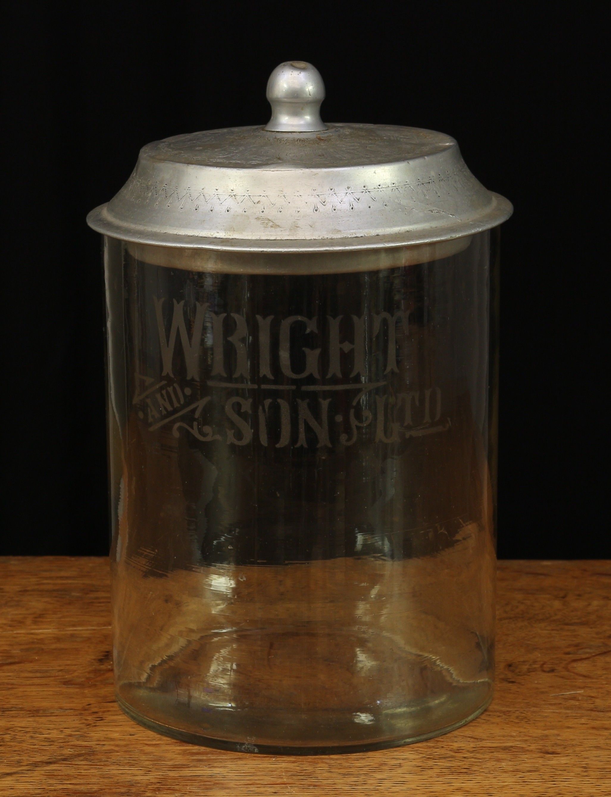 Advertising - an early 20th century cylindrical glass point of sale/shop counter biscuit jar, etched