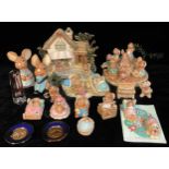 A collection of Pendelfin Rabbits and stands, Bongo, Wakey, Mother, Father, Barney, Rolly,