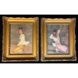 A pair of mid 20th century prints, of girl in traditional Oriental dress, gilt frames, 56cm x 45.5cm