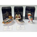 A Royal Crown Derby paperweight, Tawny Owl, 21st anniversary gold stopper, certificate, boxed;