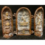 Asian Art - a bronzed metal shrine or altar piece triptych, enclosing three figures, 14cm high