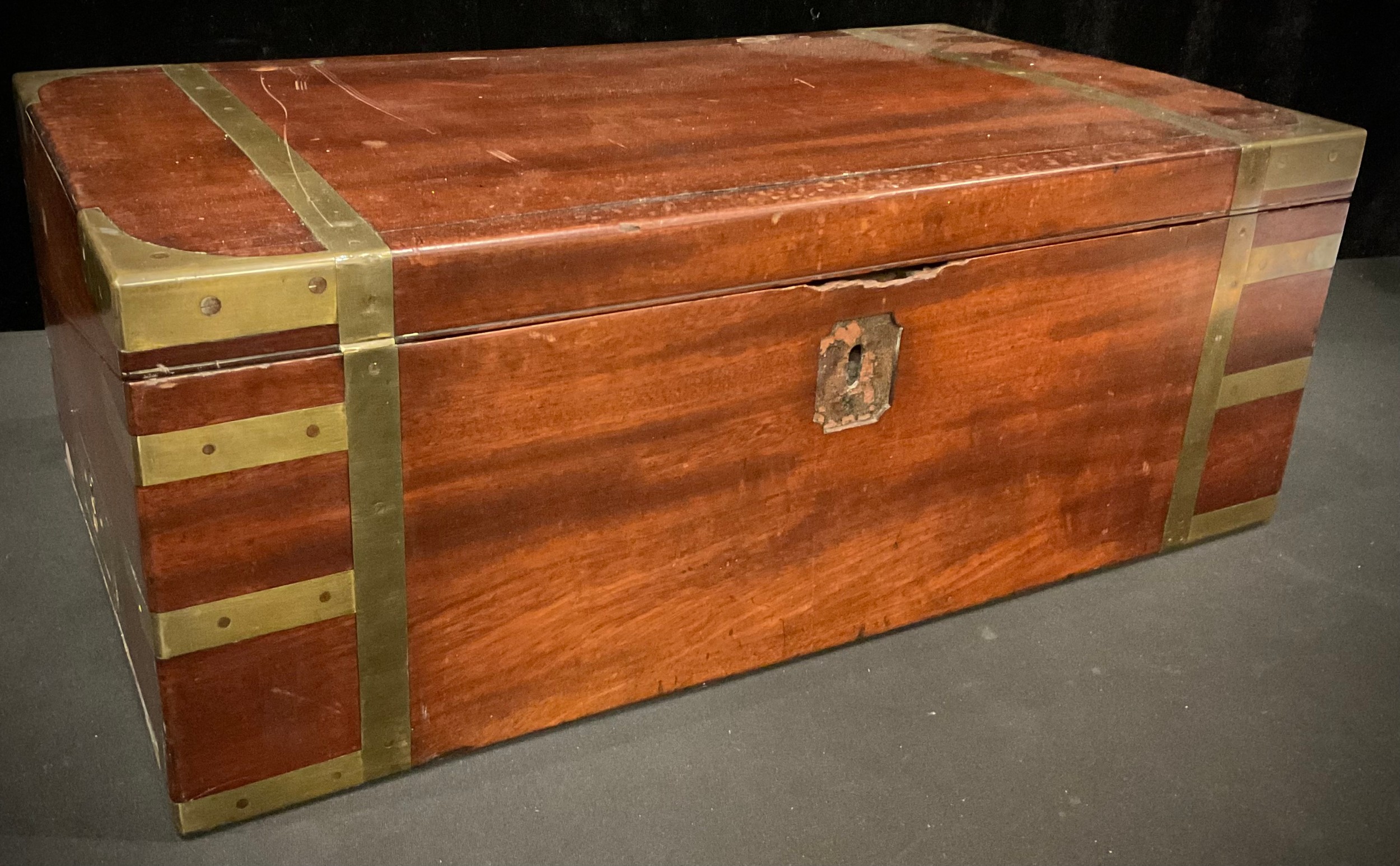 A large George III mahogany brass bound campaign writing box, 50.5cm wide (a/f)