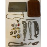 A hallmarked silver Albert chain; other part chains; a leather cigar case; enamel pin badges, etc