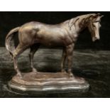 A bronzed metal sculpture of a horse, shaped stepped marble base, 22.5cm high