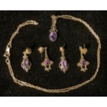 A 9ct gold and amethyst pendant necklace; two pairs of 9ct gold and amethyst earrings, similar (5)