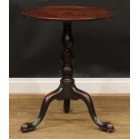 A George III mahogany tripod occasional table, converted from a dumbwaiter, dished circular top,