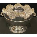 A silver plated punch bowl style caviar set, the fluted bowl with pair of sturgeon handles,