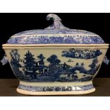An 18th century Chinese blue and white tureen, with stylised handles, domed cover, c.1780