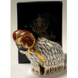 A Royal Crown Derby paperweight, Derby Ram, Visitor's Centre exclusive, gold stopper, boxed