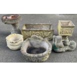 Five various reconstituted stone garden planters, a reconstituted stone bird bath (6)