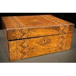 A Victorian walnut and parquetry banded workbox, later contents, 29.5cm wide