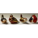 A Royal Crown Derby paperweight, Robin, gold stopper; others, Chaffinch, gold stopper; derby Wren,