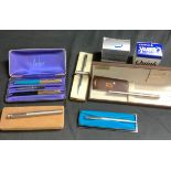 A Mont Blanc fountain pen, 14ct gold nib, marked 585, boxed; a Waterman ballpoint pen, boxed; Parker