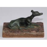 French School (19th century), a verdigris patinated bronze, of a recumbent greyhound, rectangular