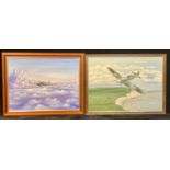 B**Potts. Spitfire low level over white cliffs, signed, oil on canvas; M**Thomas, Spitfire above
