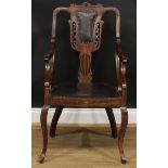 An early 20th century open armchair, shaped and pierced splat, stuffed-over seat, cabriole forelegs,