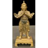 A Chinese gilt bronzed figure, of a warrior standing on plinth, 23cm high overall