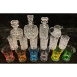A set of six Venetian lemonade glasses; a cut glass decanter; others, similar; cut glass jug; etc (