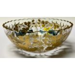 A late 19th century Bohemian glass bowl, engraved with peacocks and scrolling foliage, picked out in