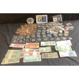 A collection of coins and banknotes, including, banknotes: UK 10/- Fforde, C45N unc. also £5 Gill