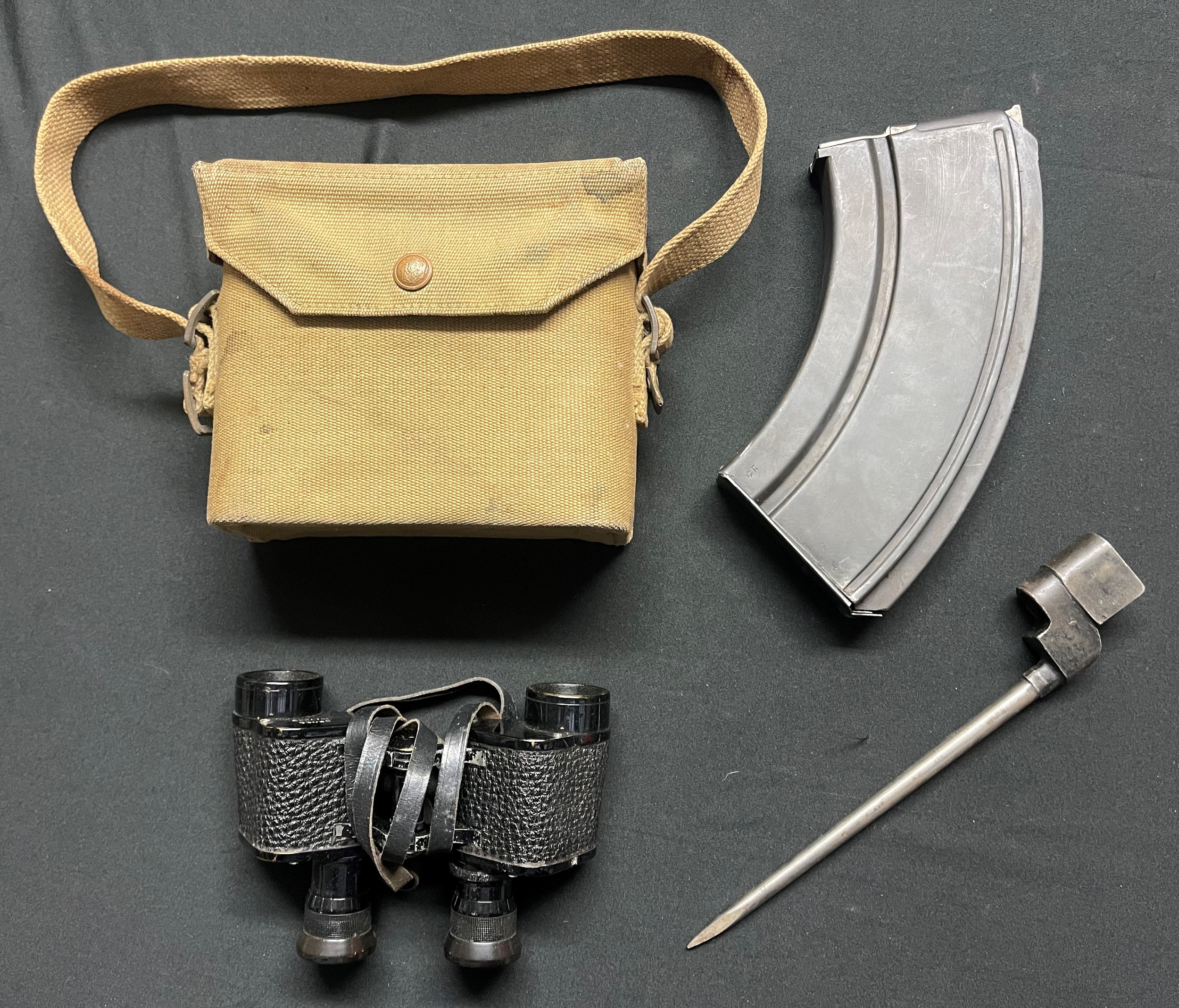 WW2 British items: Pre war Binoculars marked "Special 56065" and "RA 5 25"and 1937 pattern webbing