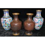 A pair of Chinese copper baluster cloisonné vases, in shades of brown, 16cm; a pair of Chinese brass