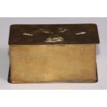 An unusual 19th century brass rounded rectangular table tobacco box, hinged cover with four faux