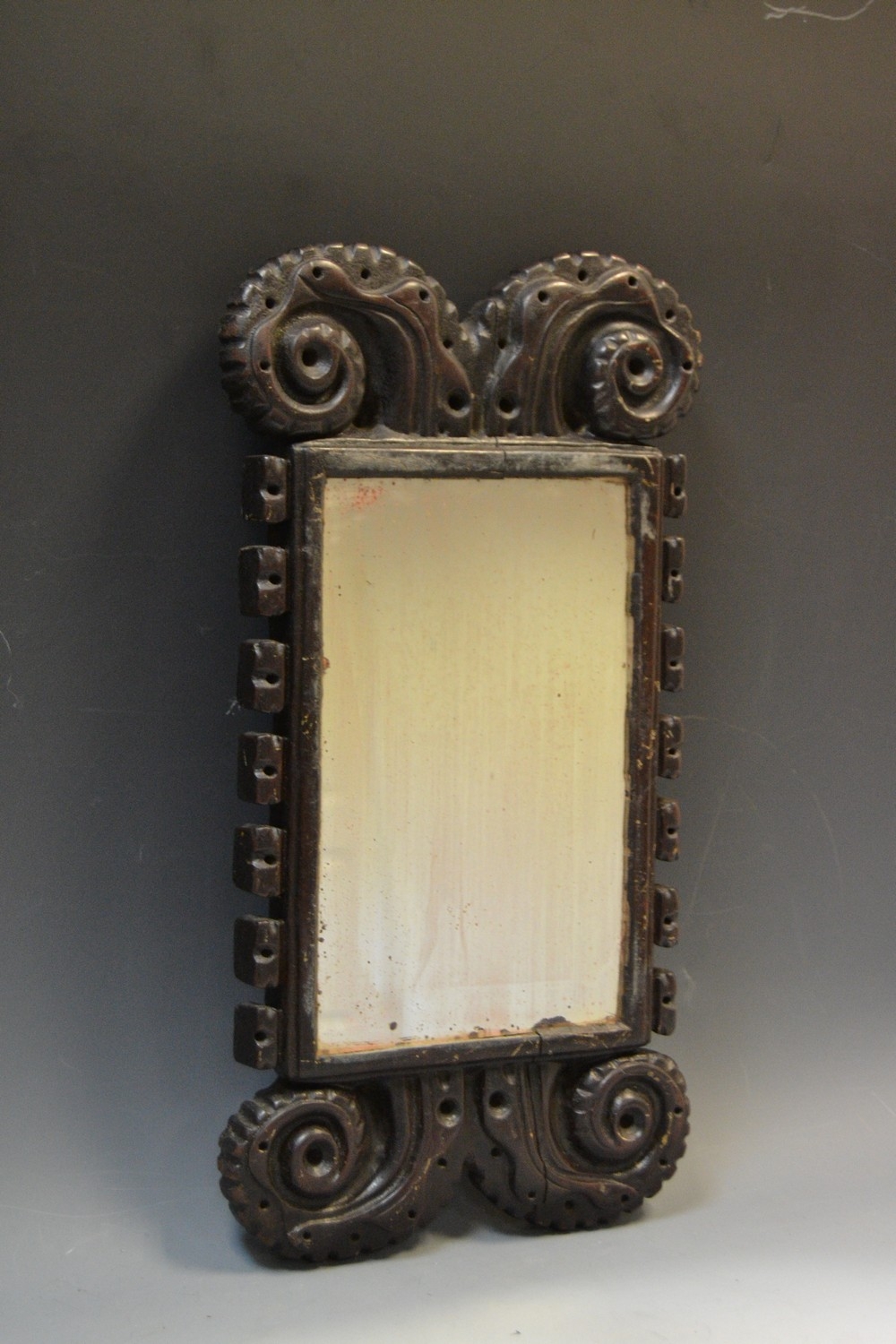 A 19th century oak rectangular mirror, carved frame, 43cm x 20cm; an oak wall bracket, pierced and - Image 4 of 4