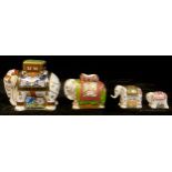 A set of four Royal Crown Derby paperweights, elephant family, Goviers of Sidmouth exclusive