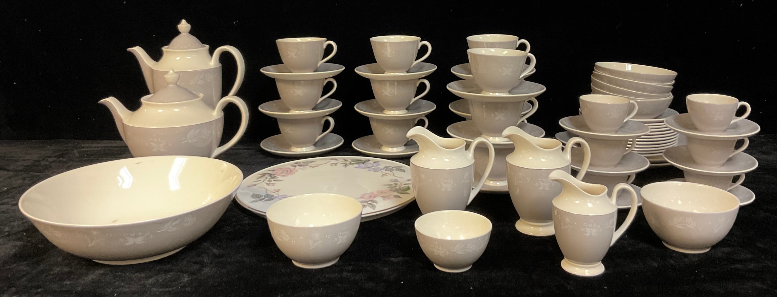 A Royal Doulton Bridal Veil pattern coffee and tea set, transfer printed with flowers and