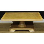 A sycamore crossbanded burr ash coffee table, 47cm high, 120.5cm long, 90.5cm wide
