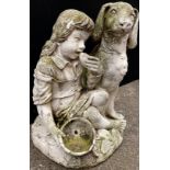 A garden fountain, moulded with a girl seated with her hound, 56cm high