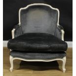 A contemporary Louis XV style bergère en cabriolet or drawing room chair, 91cm high, 89cm wide,