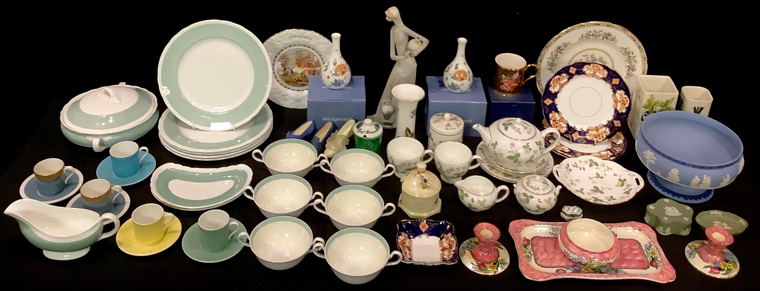 Ceramics - a Wedgwood Wild Strawberry tea for two, etc; a Maling pink lustre four piece dressing