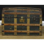 A late 19th/early 20th century metal and timber bound dome top steamer trunk, 57cm high, 87cm
