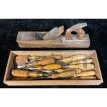 A set of Marples of Sheffield chisels, steel blades; a box plane; qty