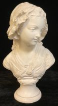 A large plaster bust, of a young girl wearing a bonnet, 43cm high