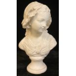 A large plaster bust, of a young girl wearing a bonnet, 43cm high