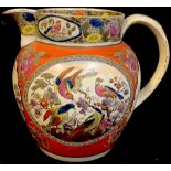 An English pearlware polychrome ovoid jug, transfer printed and painted with pastoral scenes and